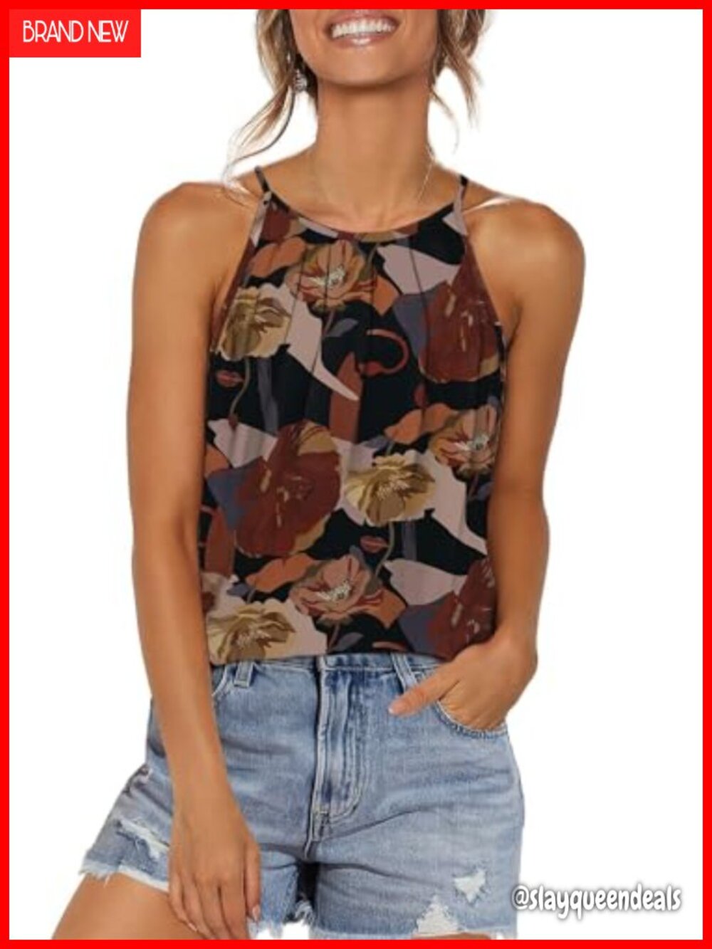 Sleeveless Pleated Halter Tank Top Spaghetti Strap Curved Hem Floral